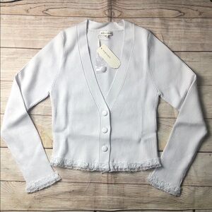 For Love And Lemons White Ribbed Cropped Cardigan with Lace Detail